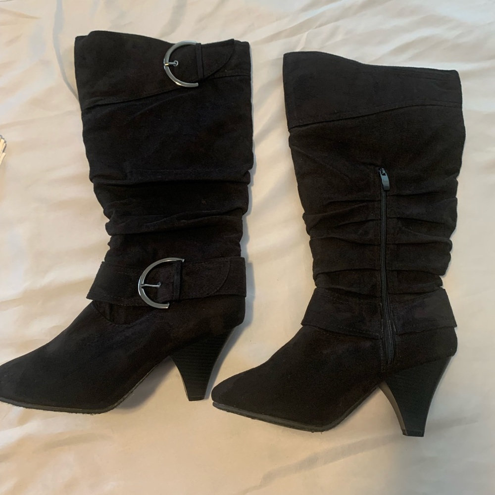 Wide calf black suede boots